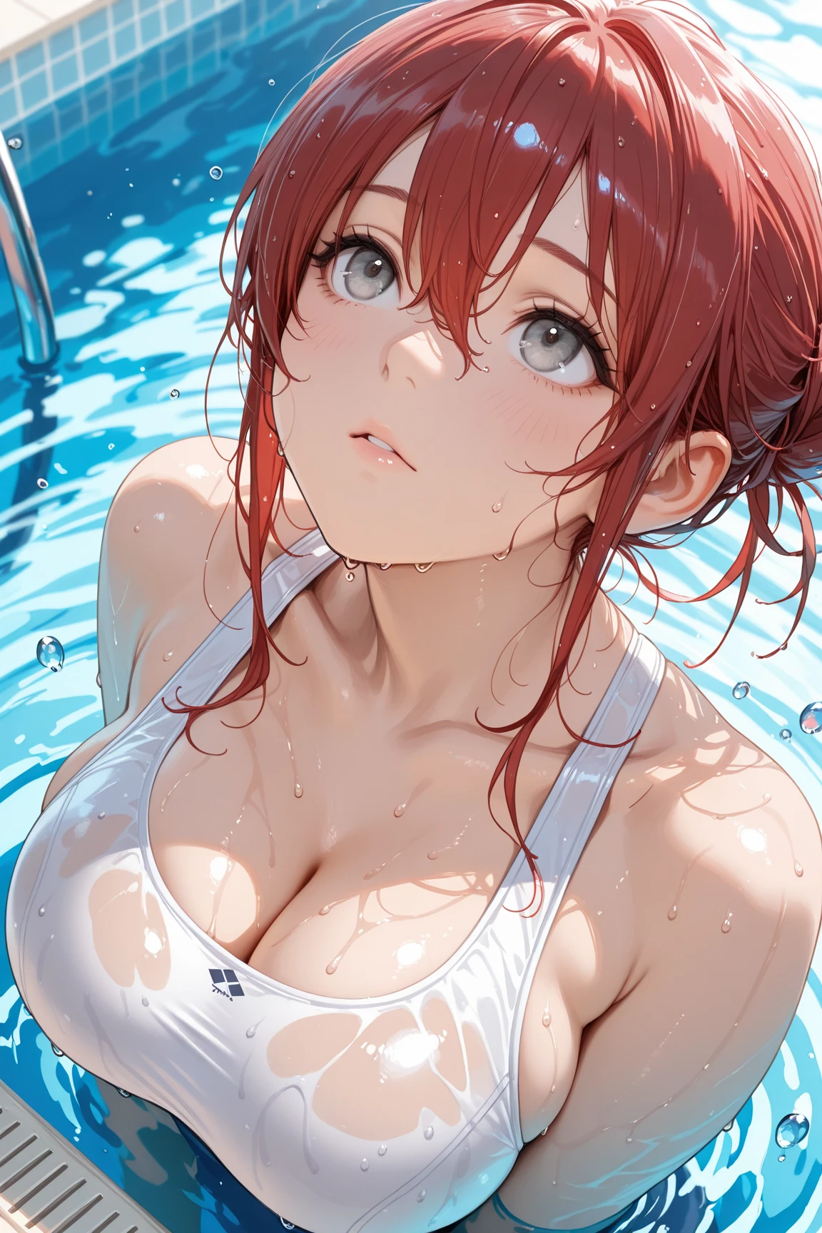 ((highest quality、muste piece、High resolution))、(((Zoom photo from above:1.95、15 years old、shrine maiden、cute smile:1.5、blush:1.5、white liquid:1.5、、Bukkake:2.5、Bukkake、wet body:2.5、wet body、wet hair:2.5、wet hair、big breasts、cleavage、Red hair、short hair、Summer festival)))