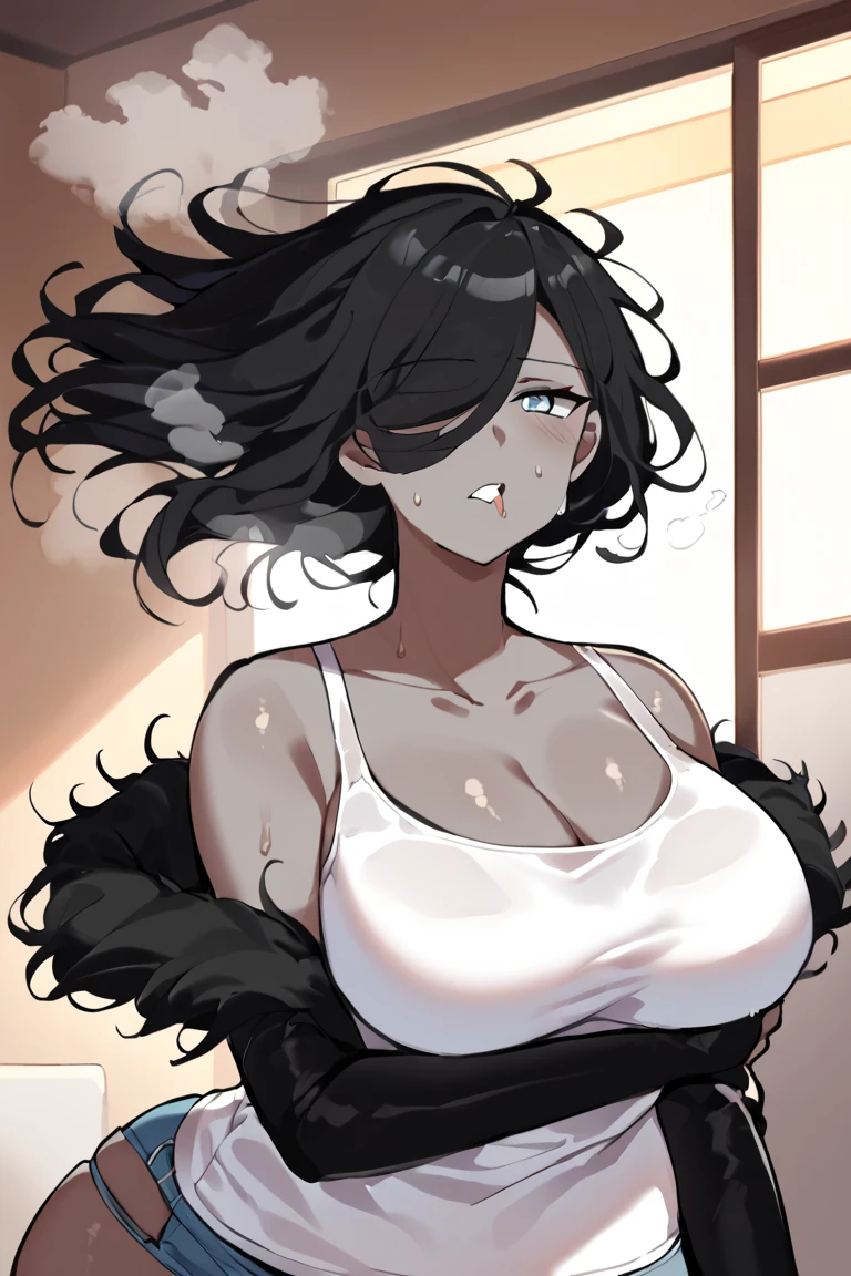 a drawing of a woman with a large breast sitting on a bench, by Kentaro Miura, with large breasts, big breasts!, big breasts!!, breasts covered and sfw, lowres, thick black lineart, with a large breasts, fluffy chest, cleavage, very detailed!!, by Kamisaka Sekka, oppai, fur covering her chest