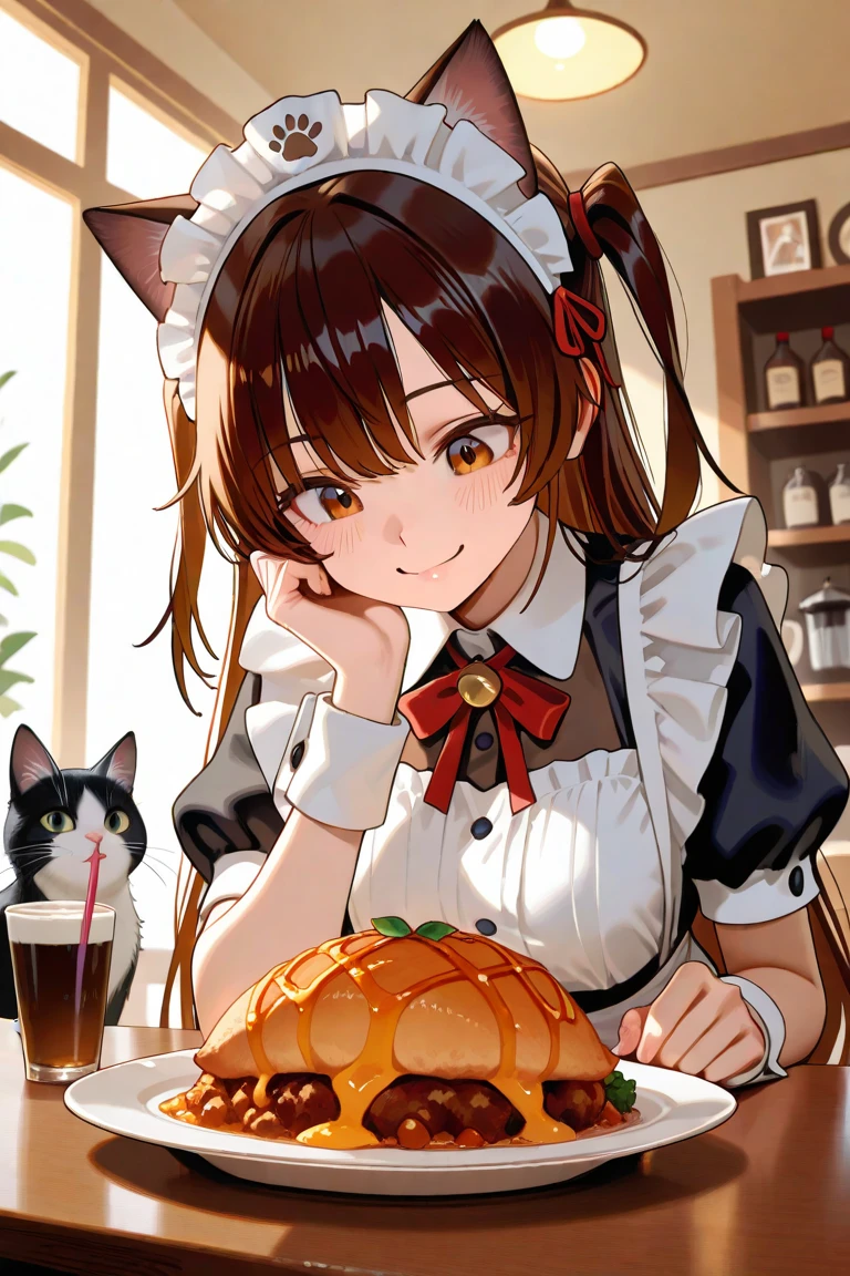 rabbit,  cat, 여러 명의 예쁜 메이드들이 rabbit 머리띠,  cat 머리띠, Various animal headbands, such as bear headbands, are cute, and, animal guests who walk like humans(Master)They are welcoming them. there is a counter at the entrance of the cafe, and two maids walk in to greet animal customers.. There is an animal customer and maid who are already sitting at the table,, maids perform on the small stage. Many animal customers came to the maid cafe and it became a maid cafe where the business went well. , you can also see an animal customer and a maid taking pictures together. Many pictures of the maid and animal guests are attached to the wall of the cafe. The table is filled with food and drinks made by the maids. The prettiest maid at the maid cafe comes up to me, hands me a menu and drinks, and smiles. On one side of the cafe. The dynamic screen also greets. The camera looks from top to bottom to capture the entire maid cafe. Camera angle looking down. The warm lighting of the maid cafe. with enlarged .