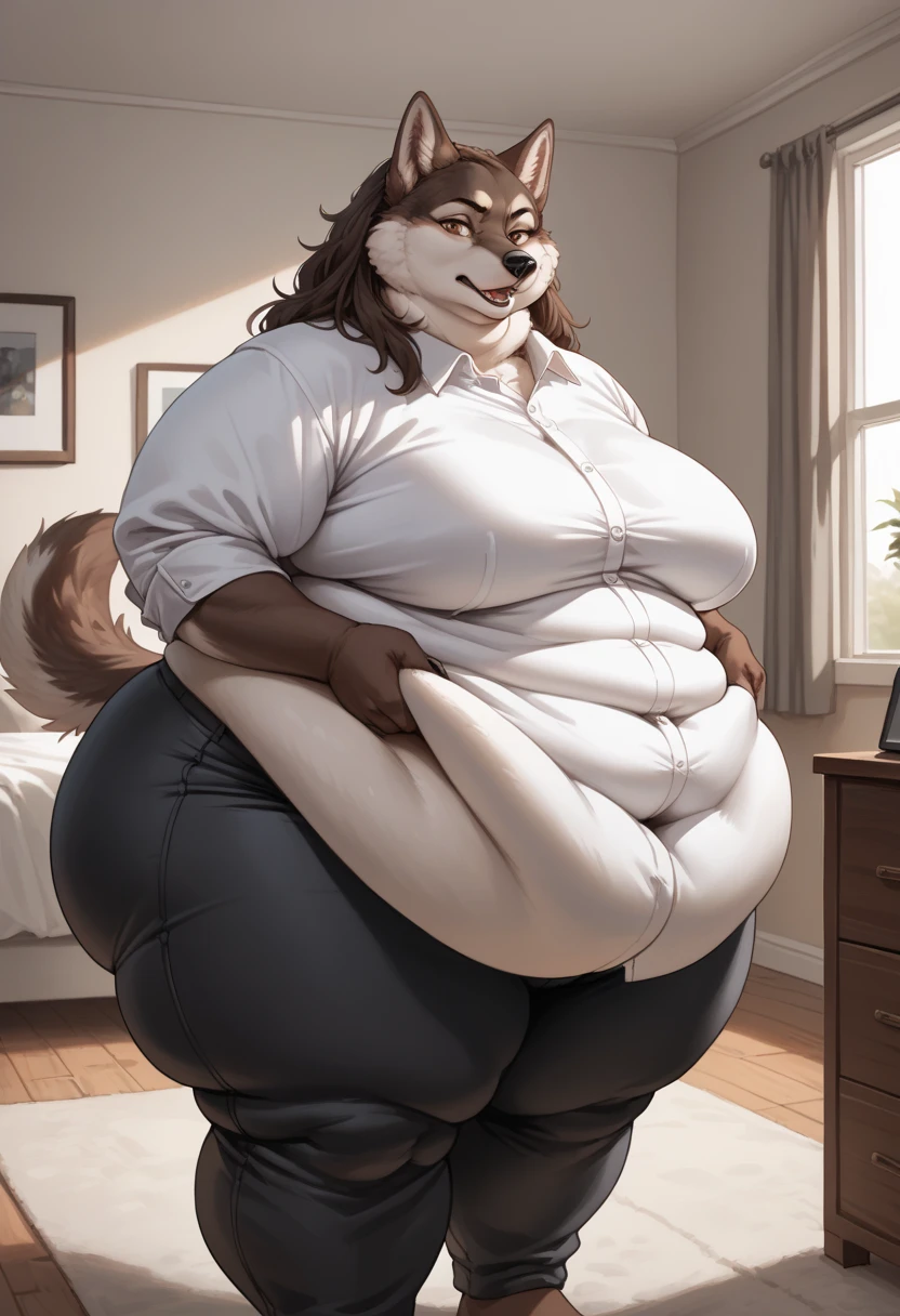 Grey wolf, female, long hair, massive breasts, massive hips, massive thighs, morbidly obese, fat arms, fat legs, belly rolls, fat rolls,fat neck, chubby cheeks, double chin,big fluffy tail , tank top, shorts