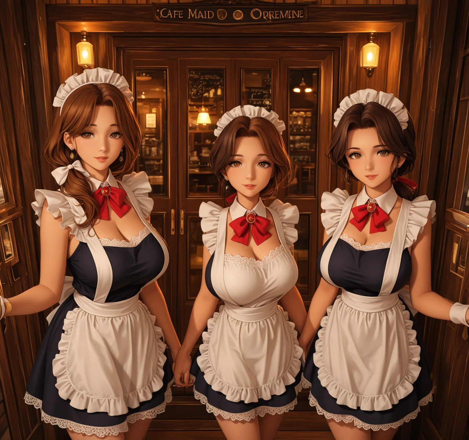 (extremely detailed:1.3), (masterpiece), (best quality), barmaid, muslce mommy, solo female, curvy, voluptuous, cameltoe, mature female, wearing brown leather. barmaid dress, busty, massive breasts, massive cleavage, thick thighs, tavern, holding drinks, fireplace, view on viewer