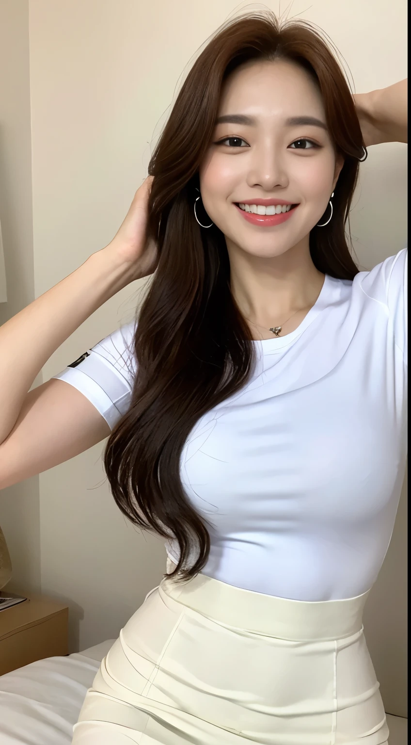 White tight shirt、White tight mini skirt、a bed、a smile、shortsleeves、high-level image quality、Hallyu Idol Face
