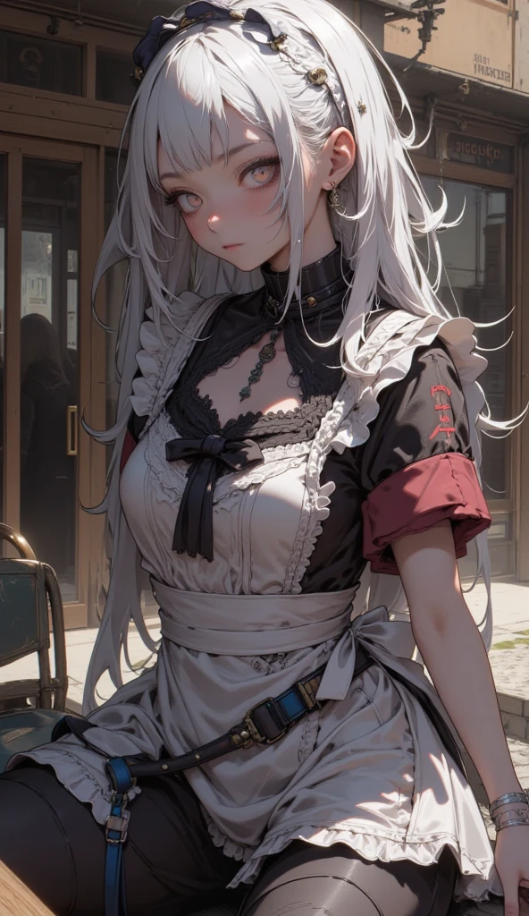 High School Aged Female, Solo, (((Duotone Hair - Black Hair on Right Side, White Hair on Left Side, Beautiful Doe Eyes, Heterochromia – Black Right Eye, Yellow Left Eye, Black Right Eyelashes and Eyebrow, White Left Eyelashes and Eyebrow))), Huge Breast Size, Wide Hips, Thick Creamy Thighs, ((Black and White Outfit – T-Shirt, Fishnet Long Sleeve Undershirt, Skirt, Striped Thighhigh Socks, Chain Accessories, Piercings)), Timid Expression, Hands Clasped Near Chest, Standing in Empty Classroom, Beautiful Evening Lighting, (Masterpiece, Perfect Anatomy, Perfect Hands)