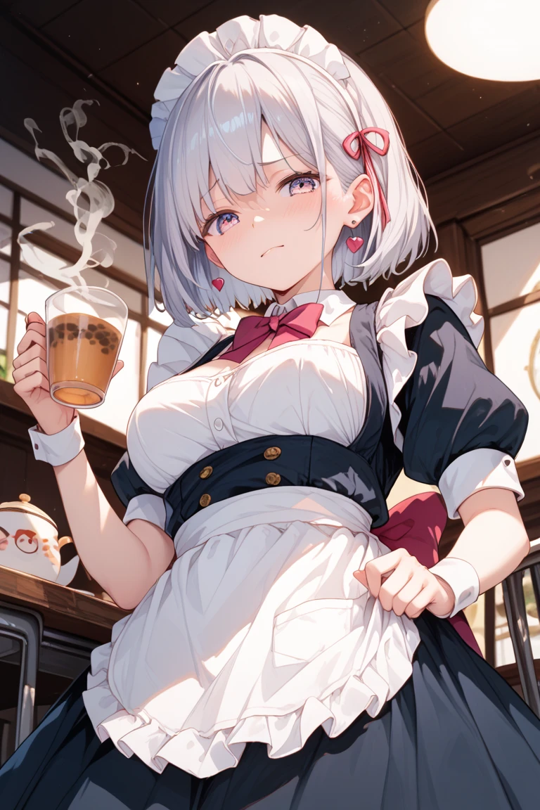 Anime Kawaii sexy Perfect Slim sensual body large breast and huge thighs, An intricate and highly detailed illustration of anime (Young girl) (Masterpiece, best quality), (ultra high resolution, 8K RAW photo, photo realistics:1.5, textile shading, thin outline), Beautuful Matured woman preparing tea-time, (tea set, tea pot, tea cups), wearing traditional sick maid uniform, maid costume:1.2, long flare skirts, apron, Tall and long legs, long white hair, wearing rimless grasses, (milf:1.5, 28 years old, solo), (large breast, sagging breast, big , narrow waist), (long white hair, hair over one eye, half updo, asymmetric hair, wavy hair), (bright pupils, detailed eyes, high detailed face, Perfect face shape, eye rush), (seductitve smiling, half-closing eyes), (looking at viewers:1.3), (dynamic angle, tighs focus, from side above:1.2), (correct anatomy:1.5, correct hands), (ideal ratio of body proportions),