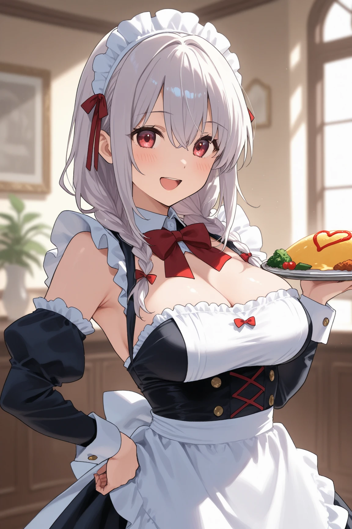 One Woman、beautiful girl、waitress、20-year-old、Side Ponytail、restaurant、waitressの制服、Short skirt、Black Pantyhose、Holding the tray、Highest quality, smile,, Big Ass、Big Breasts、Very big boobs、Place your breasts on the tray、 sink into the tray、Empty tray、Place breasts on the tray、Boob Tray、Tray under the 、The body is facing forward