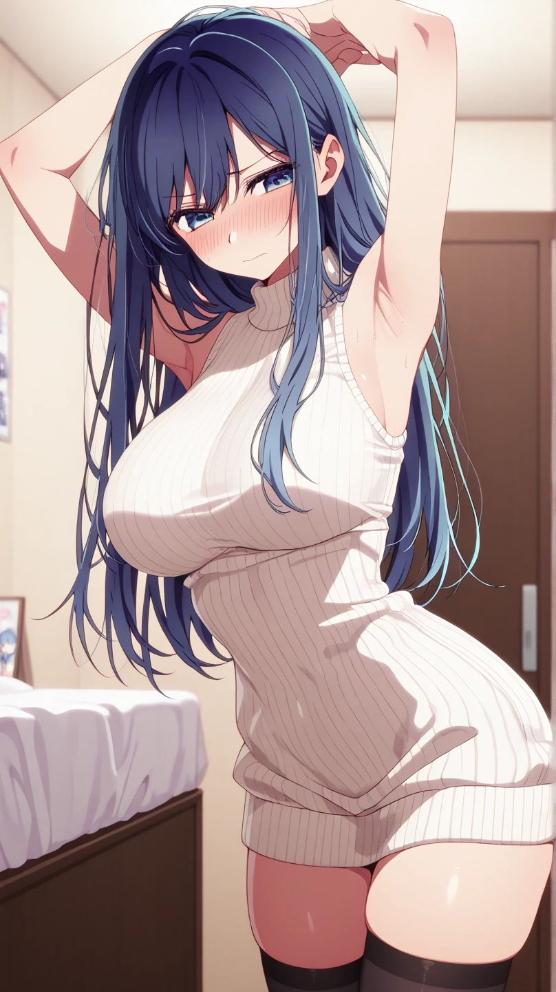 1 girl, young seductive female, white camisole, large breast, dark room, moaning, long black hair, blue eyes, cat ears.