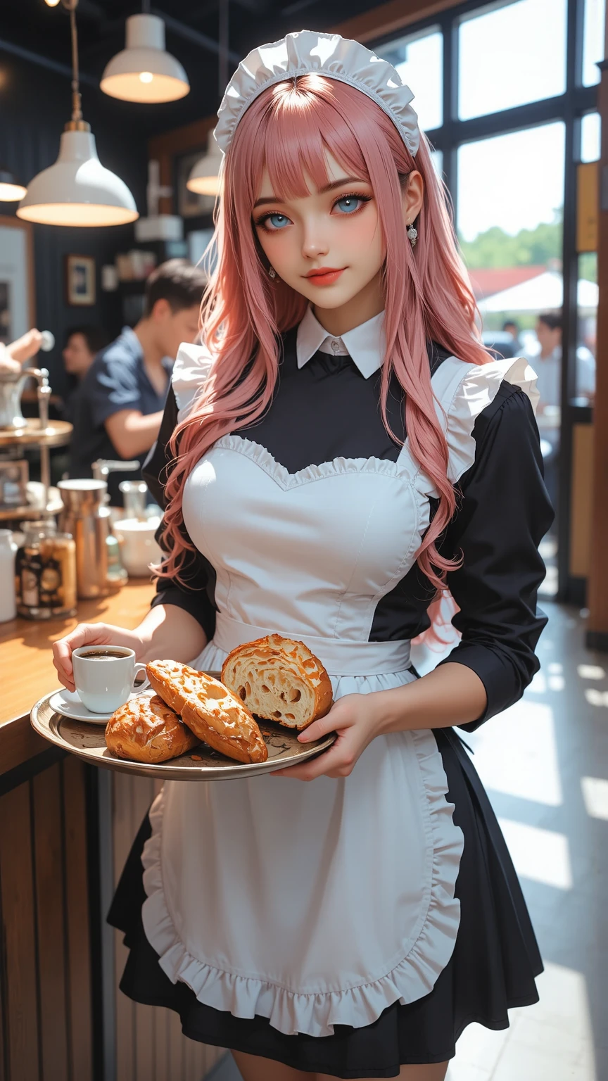 Girl with pink hair，Female shop assistant，Bakery clerk，Pastry chef，aprons，Plate in hand，(high qulity)，(Delicate faces)，Succulent and cute