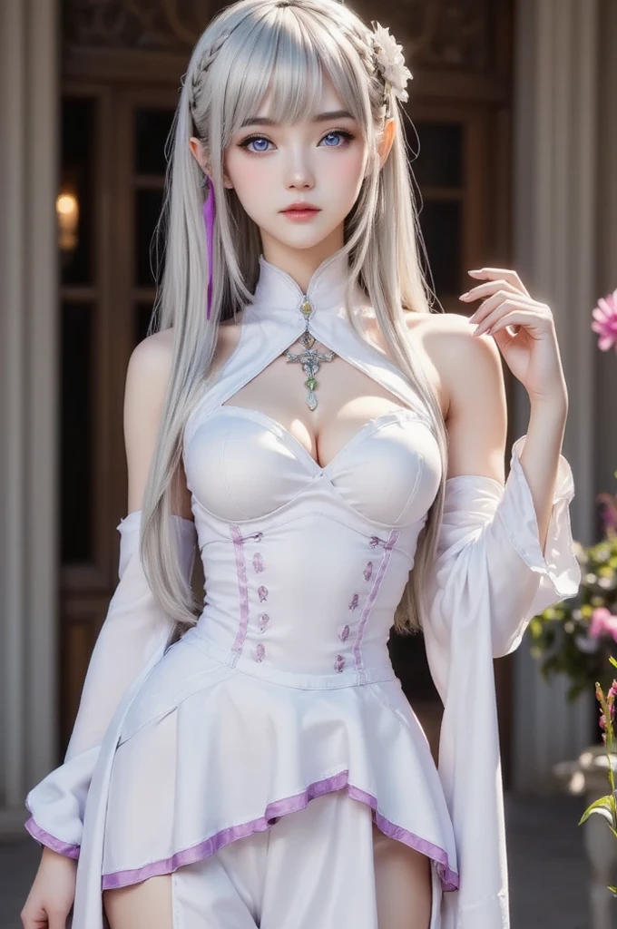 (Image above the chest)((masterpiece:1.5,Highest quality,Highly detailed images,Beautiful images、Realistic、Photorealistic、2.5D))(1girl, 独奏,)(Adult women、large breasts, white hair, beautiful eyes、Beautiful cleavage)(Off-the-shoulder dress、black dress:1.5, Deep slit)(smile, wind, floating hair)(bright、Soft lighting、garden、squirt)