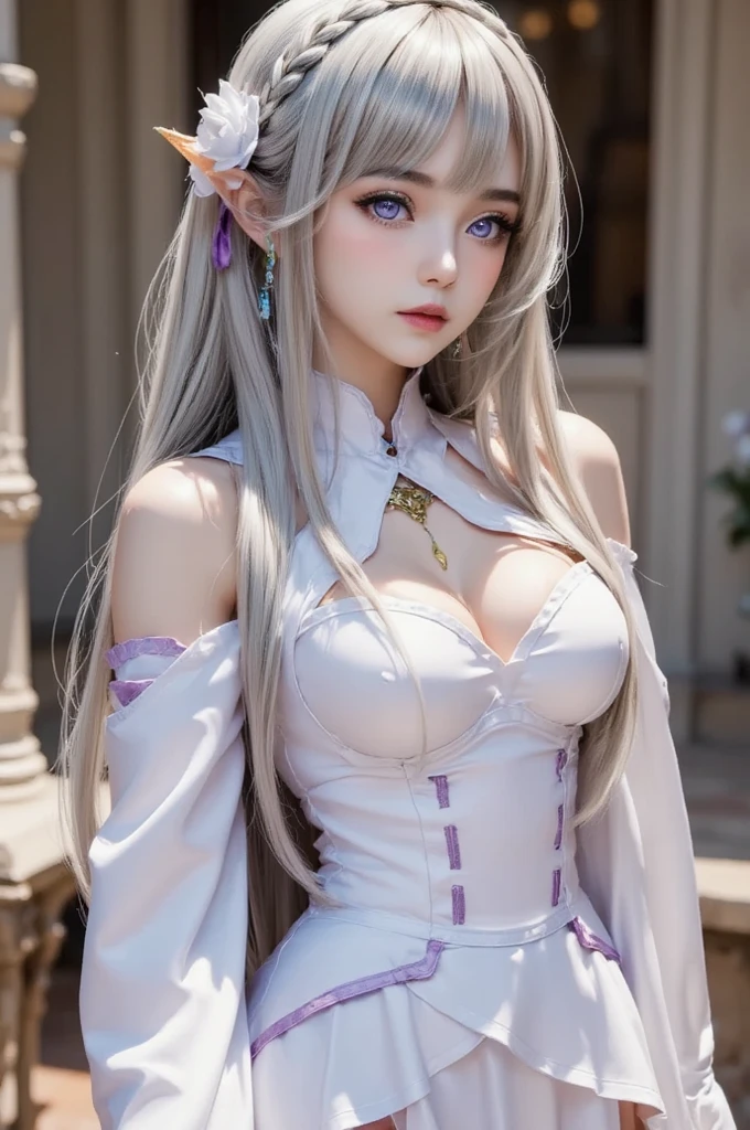 (Close-up image)((masterpiece:1.5,Highest quality,Highly detailed images,Beautiful images、Realistic、Photorealistic、2.5D))(1girl, 独奏,)(Adult women、medium beautiful breasts, white hair, beautiful eyes、Beautiful cleavage)(cleavage_cutout)(smile, wind, floating hair)(bright、Soft lighting)