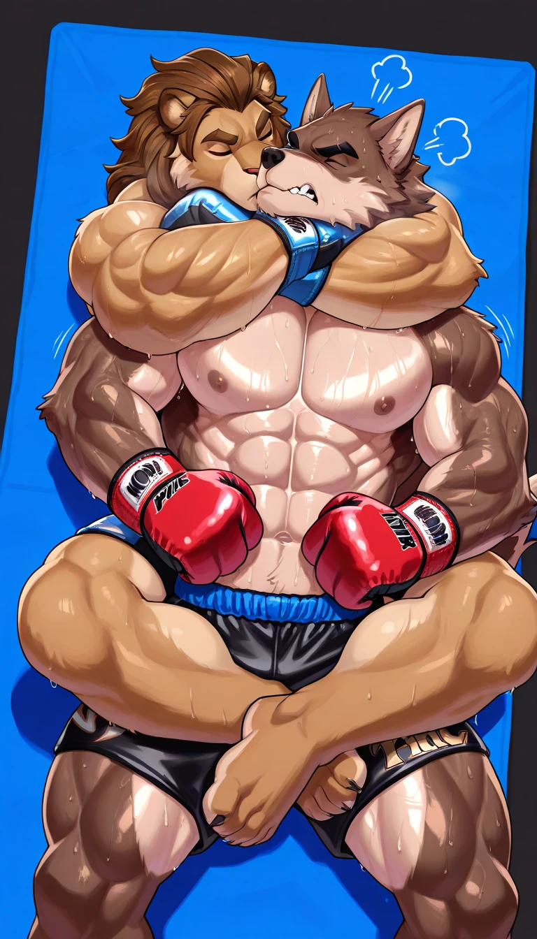 Duo male(Gray Cougar vs Cougar, handsomes, handsome hairstyle, tails, Thick eyebrows, detailed face), gay(Clinch embraced, pined body with body on the ground, kissing each other, on a UFC match), hot(Shirtless), handsomes(They are handsomes, correct anatomy), musculosos(Big muscle bodies, Six packs, muscle abs, big pecs, muscle backs, muscle legs), sweaty(very sweaty wet bodies, shiny sweat), tatuajes(they have tattoos), grumpy(Both have an grumpy expression, grumpy teeths, steaming breath), UFC gloves(They both are wearing UFC gloves), UFC boxers(they both are wearing ufc boxers), Hight resolution, by(Zourik:1.1)