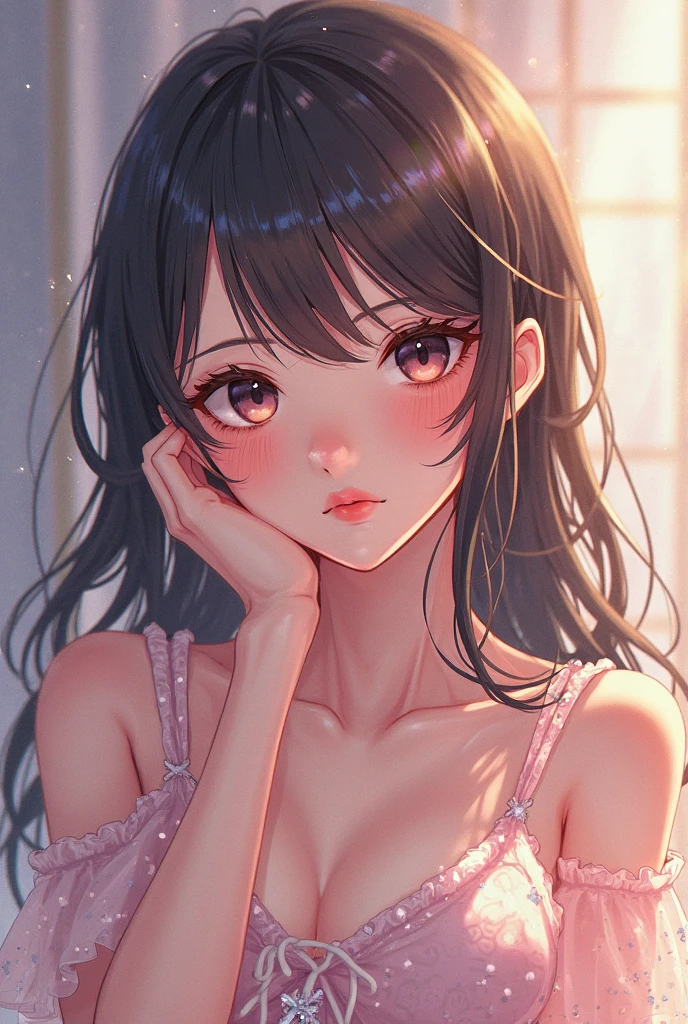 best quality, highres,Slender、Brown eyes、tall、Black Hair、(Bangs:1.3)、(semi-long:1.3),Straight Hair、Luxury Hotel、(Floral light blue bra:1.4)、On the bed、Dark Room、night、Embarrassed、Chest pressed together