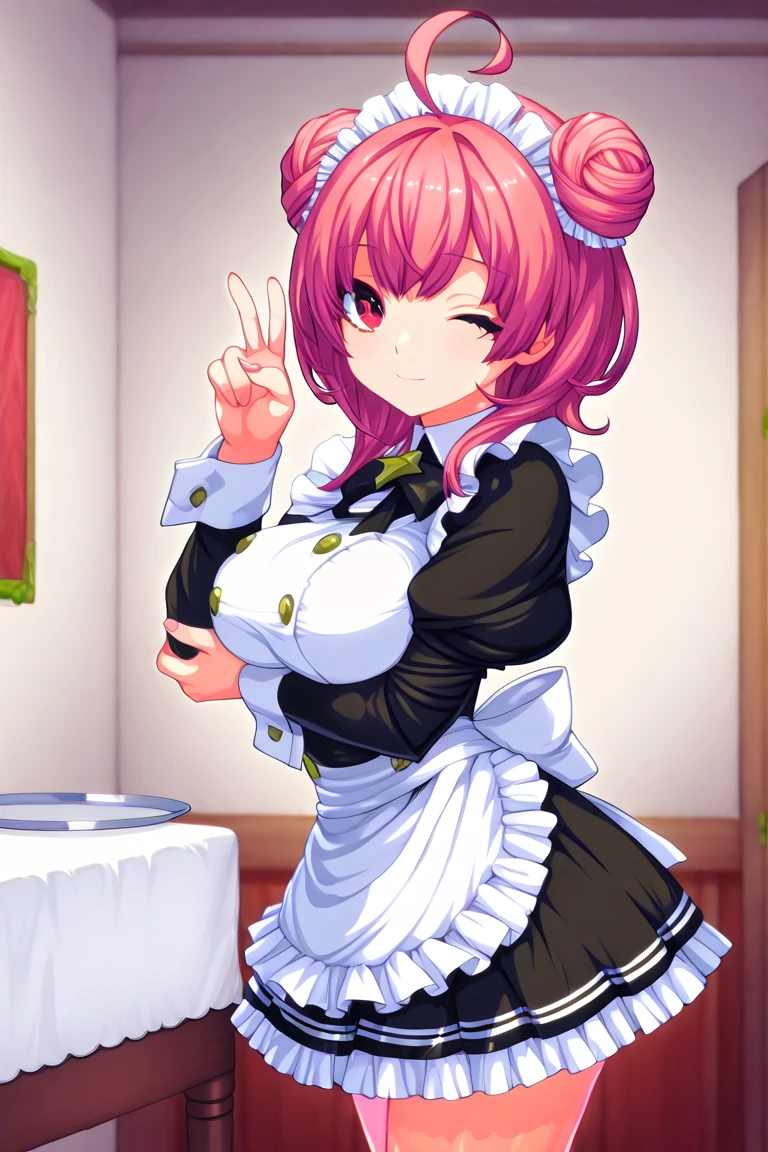 masterpiece, best quality, ultra-detailed, illustration, colorful, flat color, depth of field, 1girl, cafe_cutie_sivir, anime, standing, ponytail, pink eyes, pink hair, fang necklace, looking at viewer, simple background, hands behind back, maid apron, upper body, detailed cloth texture, beautiful detailed face, huge breasts, blush, seductive smile, makeup, shortstackBT, shortstack