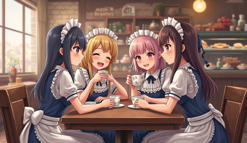 highest quality、High resolution、Detailed Background、(Beautiful face in every detail:1.4)、Anatomically correct、(Draw the usual number of fingers:1.2)、(Detailed facial expressions)、(Detailed eyes:1.2)、(Detailed eyes:1.2)、Beautiful, smooth skin、Teenage beauty、(Three Women)、(Highly detailed face:1.4)、cute hair color、ponytail、Bobcut、Braided long hair、Wavy Hairstyle、well-groomed eyebrows、cute eye makeup、Cute Lip Makeup、Calm atmosphere、Happy expression、smile、Laughter、Sexual expressions、Upper Body、Traditional Made、Tea time at the cafe、
(Three maid ladies chatting in a cute cafe while savoring cakes and sweets:1.5)、
Pair a black dress with a white apron、The frills and ribbon design on the apron add a nice accent.、
A soft arrangement with pastel colors will give you a cute impression.、Try choosing colors like pink and mint green.、
Lace and chiffon materials add a feminine and delicate touch.、Sleeves and aprons made with lace and chiffon、Try incorporating it into your design、
Ribbons and head accessories can add cuteness and accents.、Try adding ribbons to your dress or apron, or matching it with a headband or ribbon hair accessory.、Consider the appropriate accessories and shoes depending on the occasion and event you will be wearing the outfit.、cute