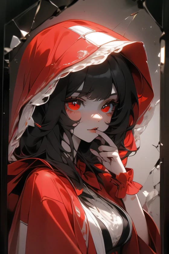 black andwhite，Absolutely beautiful woman，red card, Bust，Broken mirror，Black and white splitting，Red tears，Black and white painting，Broken，sublevel，Black and white，Eroded by darkness and light，对称, (hand holding knife gripping knife in hands), profile close-up face (solo curly hair black long hair cute girl, , cute red eyes, cute smile, (head is red hood, body is robe with ruffles, long skate), in the deep forest, break, masterpiece:1.2, best quarity, 8k, beautiful detailed grow, (fractal art:1.3), sexy red riding hood
