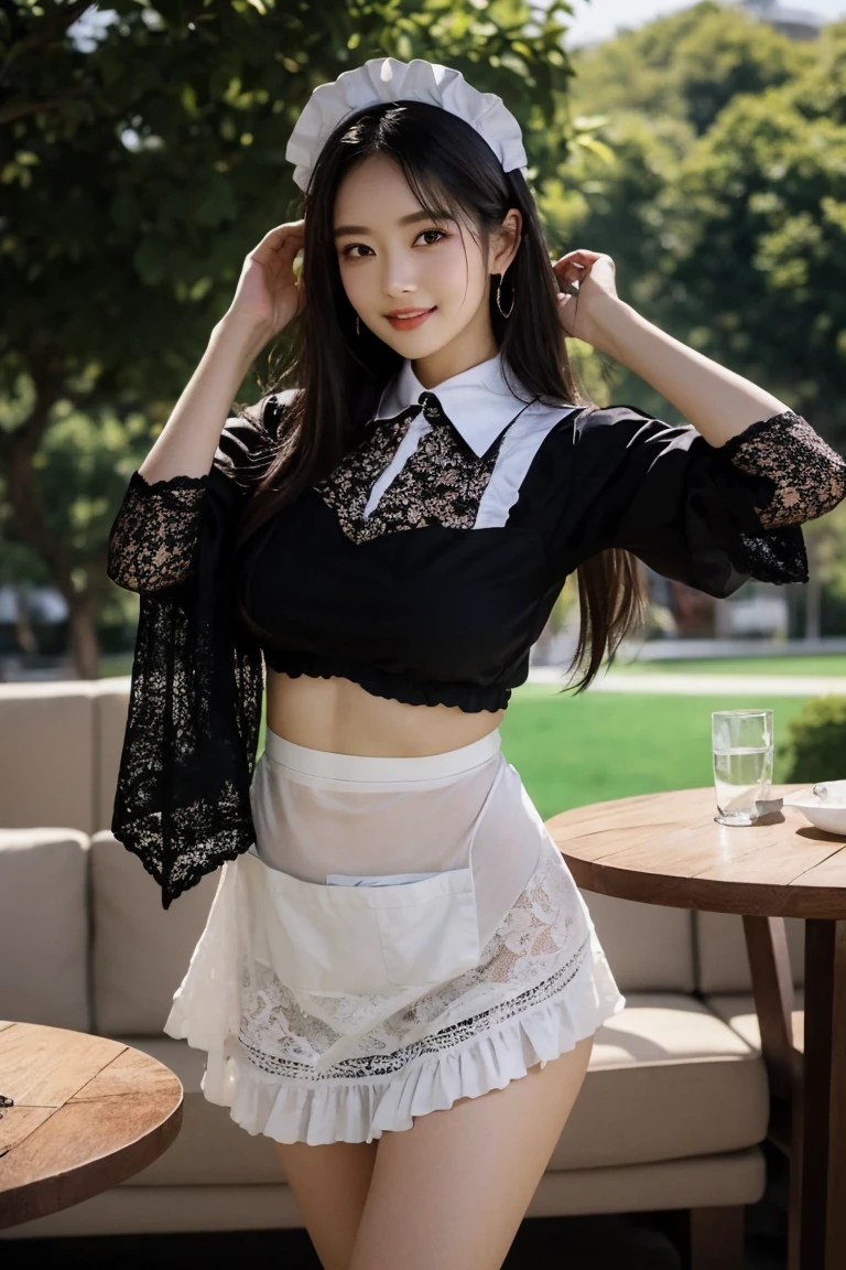 Wearing a skirt、Pull up your skirt、Black underwear、garter、Long Hair