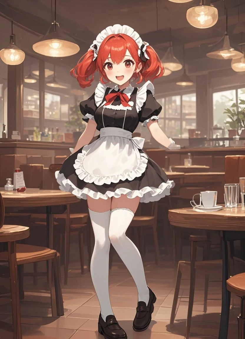 medieval style, 1girl,red hair, green eyes, messy hair, pale skin, curvy, medium breasts, full body, nice hands,
tavern girl, [holding a tray of food], neckline, corset, miniskirt, frills, dynamic pose, high heels, walking, thigh strap,
(illustration:1.1), (perfect details:1.1), indoors, lively, restaurant, dinner,  dark atmosphere, (bokeh:1.2),
(slate atmosphere, muted colors, film grainy:1.0),
<lora:GoodHands-vanilla:1>  <lora:hairdetailer:0.3>