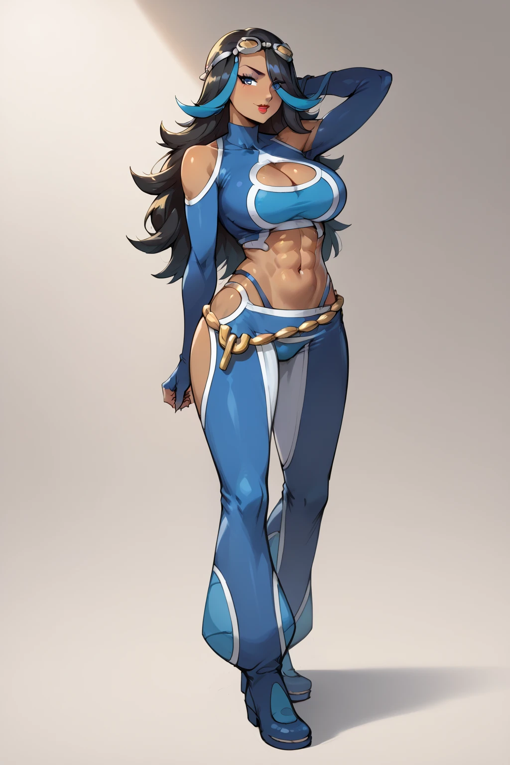 best quality solo girl simple background full body standing muscular girl black hair yellow eyes solo