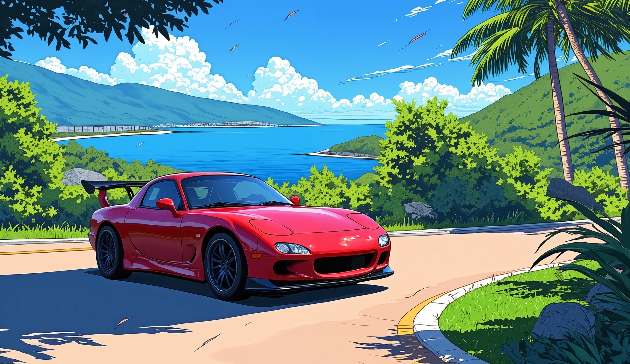 morning、Mountain trail、I can see the ocean、MAZDA、Red Infini RX7、 there is a sense of speed