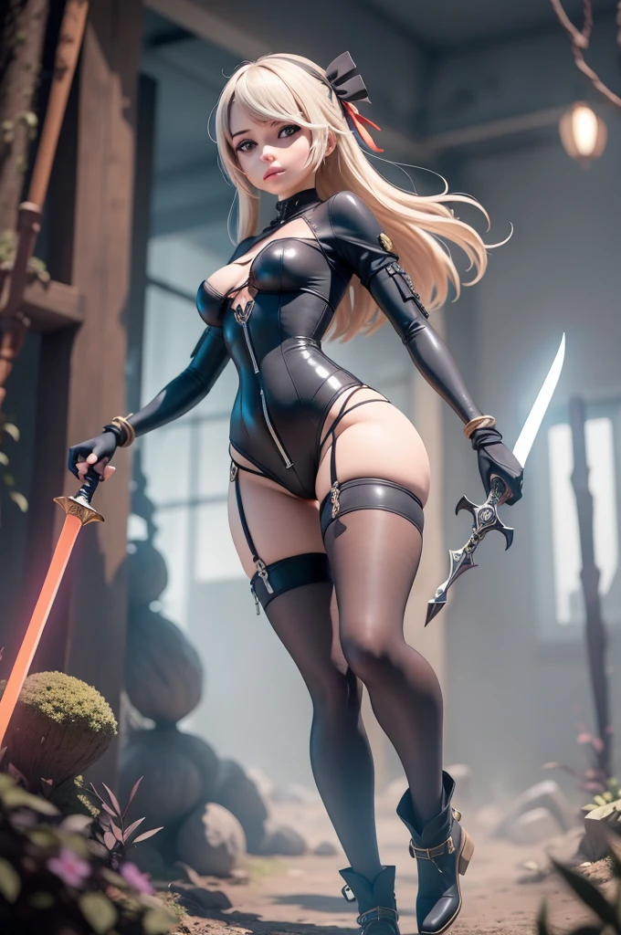 anime character with a latex micro plaid skirt, latex bra and knee high latex boots, long legs, full body rendering, looking away, elbow long gloves, ponytail, showing behing, backshot, full body shot, full body, high heels, looking to the side, sailor moon