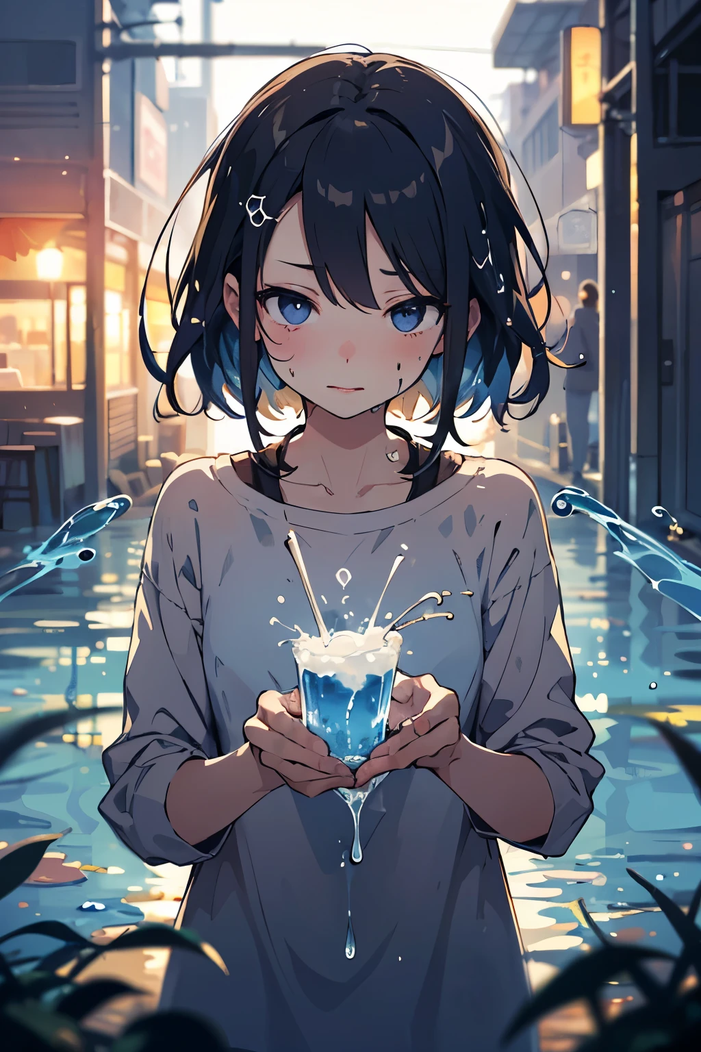 drink juice、closeup-face、Holding a plastic bottle in both hands、The chest area of the clothes is wet with liquid、Juice dripping from the mouth、from directly below、Stinking eyes、sideways glance、School、In the classroom、Girl、Girl、Short、Younger、Lower school year、Baby Face、flat chest、smile、Dynamic Angle、masterpiece、best quality、ultra-detail、Sweating heavily、Summer sunshine、Looks hot、Clothing、Untidy appearance、Her chest is exposed、Heat