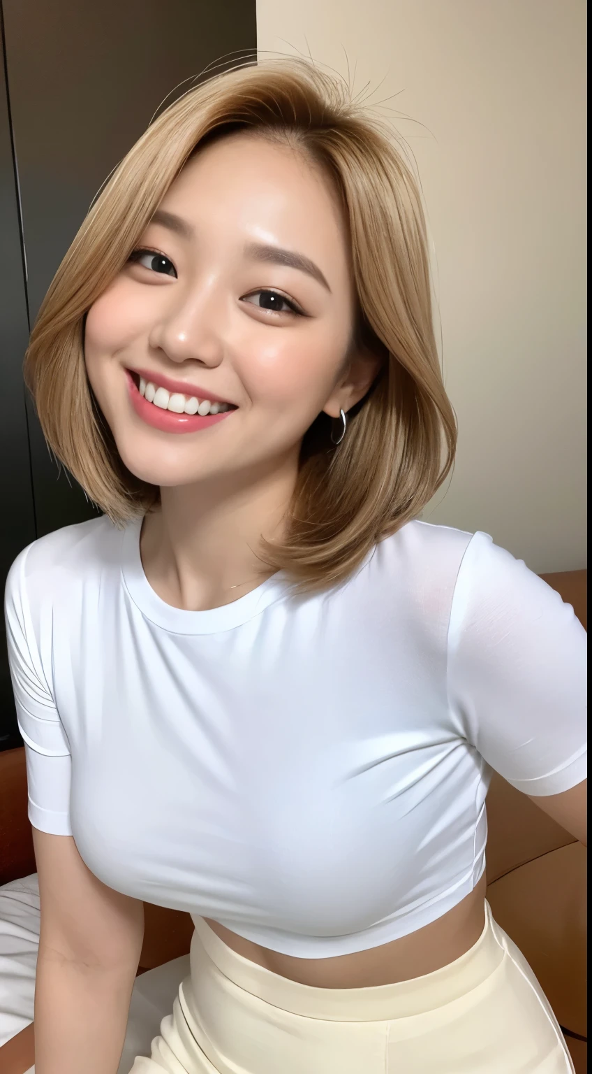 White tight skinny shirt、White tight ofa、smile、Short sleeve、high resolution、Korean idol face、White teeth、Medium Hair