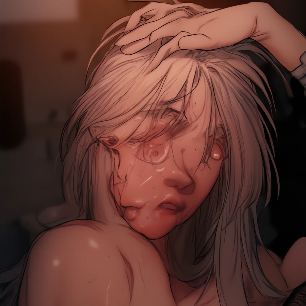 ((Line art、A picture drawn with thick lines))、Black and white painting、monochromatic、Monochrome、Flat Color、One Woman、Blonde Hair、long hair、Braid、Hair between the eyes、Big Breasts、Huge breasts、Large areola、Erect nipples、Vagina、pubic hair、Love juice、Completely naked、upright、Angle from the front、Upper Body、Watching the audience、Looking down seductively、smile、(Obscene lines、Full body geometric tattoos)、(Orgasm Facial:2.3)、