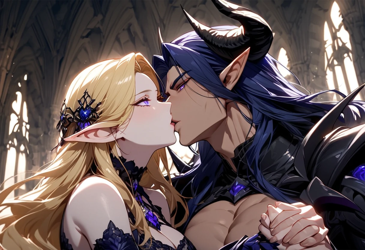 female adult elf with darkblonde hair, and a male elf dark blue long hair and demon horns male with dark blue hair and demon horns having sex, sex, dominant male, hard big penis