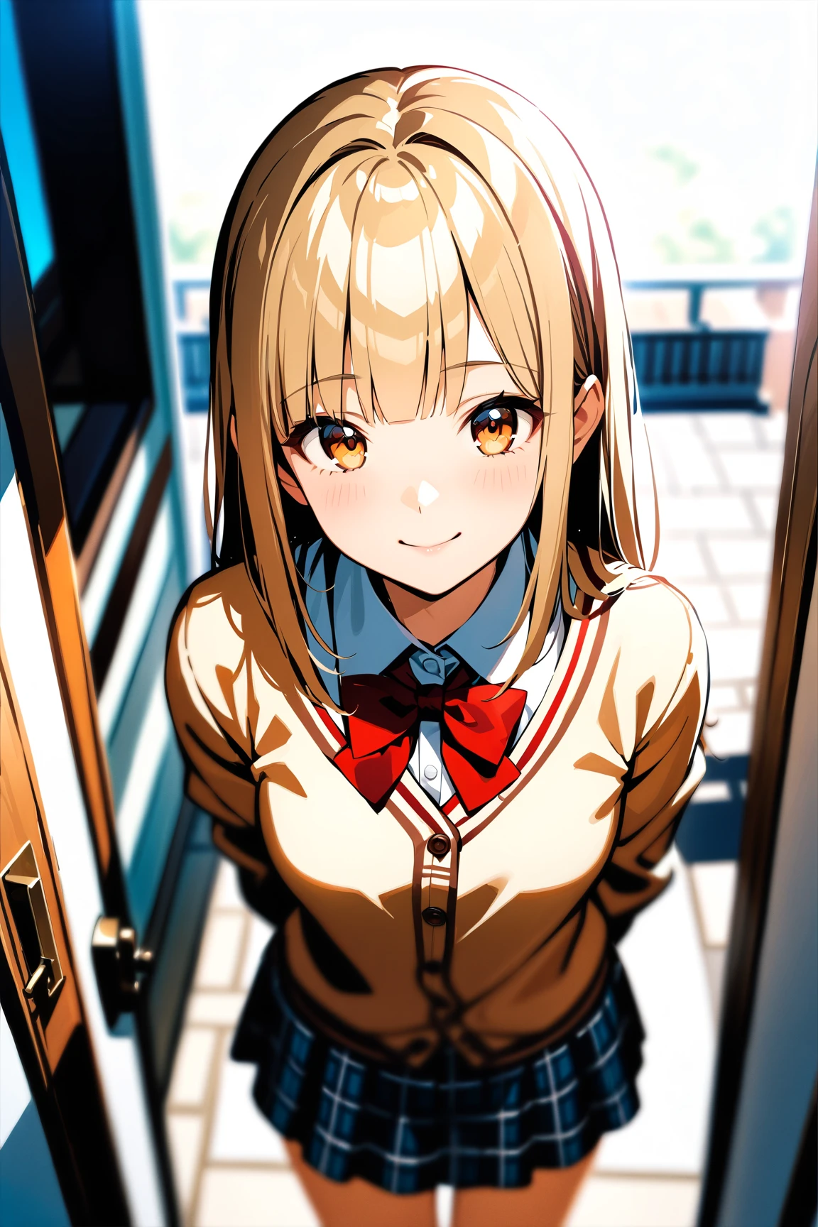 cute 1girl, blonde hair, (straight hair), bangs on one side, head tilt, (waist), light brown cardigan, plaid skirt, red bowtie, arms behind back, looking at viewer, happy smile, entrance, outdoor, from above, teenage, (depth of field), masterpiece, best quality