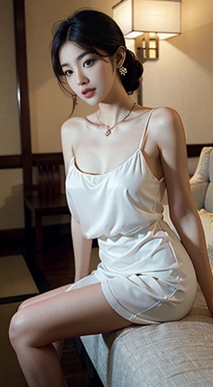 (8K, Best quality at best, tmasterpiece:1.2), (actual, Photorealistic:1.37), ultra - detailed, 1 girl,cute big breasts, Alone,beautiful detailed sky,Detailed café,the night,sitted,dated,(nose blushing),(ssmile:1.15),(Keep your mouth shut) little breast,美丽细致的眼睛,(collared shir:1.1), the night, Wet with,Professional Dress, Sateen,white lace chemise, (short detailed hair:1.2),Floating NovaFrogStyle,