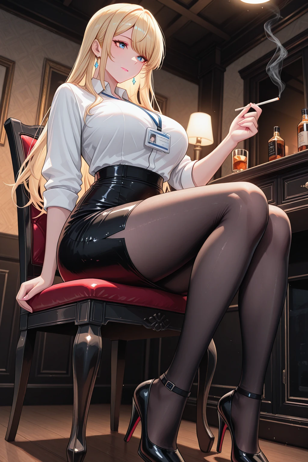 Girl, smile, red lips, big nose, big tits, big ass, shorts hair, blonde hair colors, fair skin, glasses, white office clothes colors, black tie colors, black office skirt colors, black nylon stocking colors, sexy body, sexy girl, beautiful girl, sexy pose, sitting at the table pose, sexy pose girl, reaistic, in classroom, school