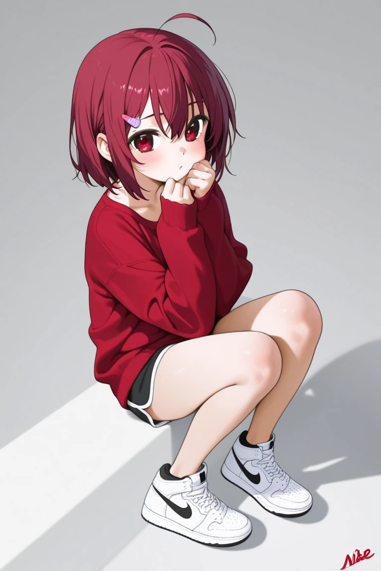1girl,solo, catgirl, squatting, hand on own face, hoodie, hood down, red hair, heterochromia, smile, open mouth, white background,