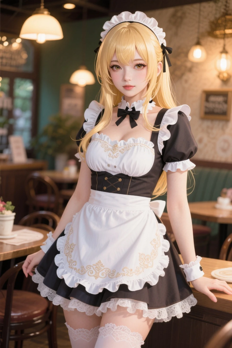 High waist skirt, blush, ((blonde, blonde), ((maid))), (black and white ruffled dress), solo 1girl, ((thigh)), tiara, headband, frilled skirt, bright colors, saturated colors, bright colors, light, 8k realistic lighting, skirt, white bow, breasts, red bow, standing, small breasts, [denim shot], interior