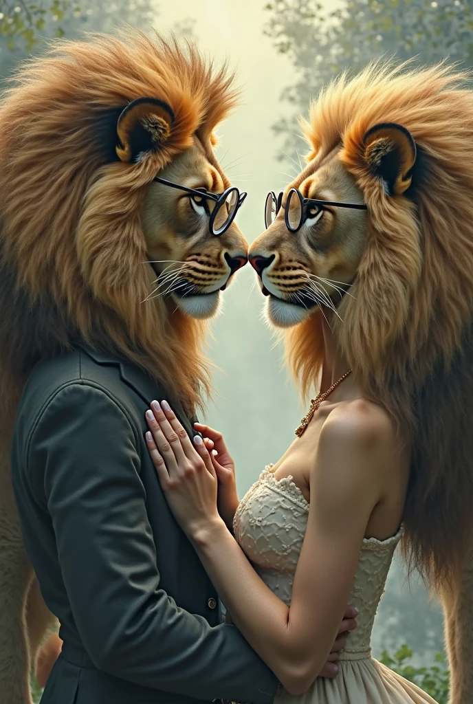 A woman and a man holding hands with the face of a lion and the woman also with the face of a lion with a white shirt and jeans 