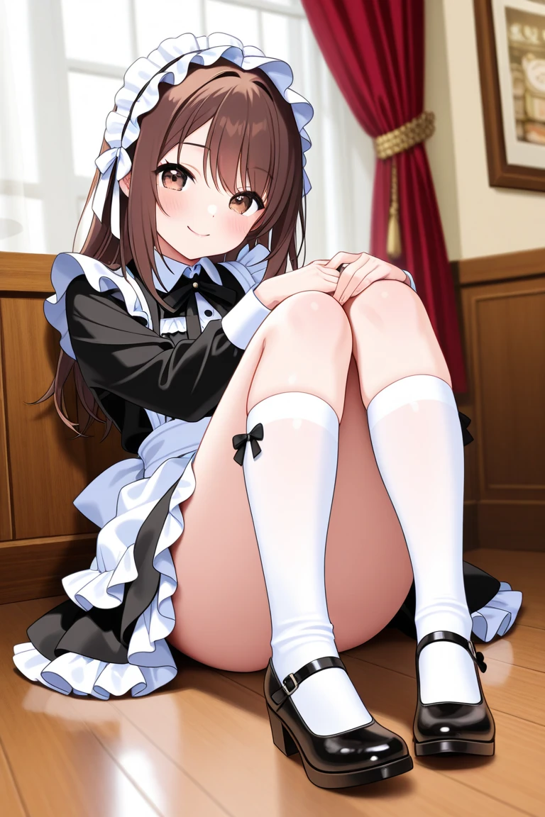 (Highest quality), (High resolution), (masterpiece), (Very detailed), One Girl, Cowboy Shot, One Girl,Amiya\(Arknights\), Long Hair, Brown Hair, Hair between the eyes, Light blue eyes, Medium chest, Bunny ears, Silky skin, Shiny skin, blush,Heart pupil, Heavy breathing,(Maid clothes), Front view, (Bright saturation), Love juice drips from the crotch, close, Hallway of the mansion, Kneel, Kneeling, Spread your legs, (Sex slave), Lift up the hem of your skirt, Open your mouth and stick out your tongue
