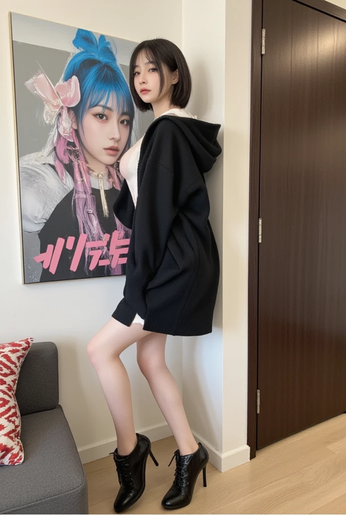 (Masterpiece, Best Quality:1.5), (ultra detailed, high resolution, 8k, Beautiful detailed, UHD, best anatomy), 1 pretty girl, black fur, medium breasts, sleeves beyond the fingers, sagging clothes, Oversized sweatshirt, flared skirt, leather boots, showing pink panties, 