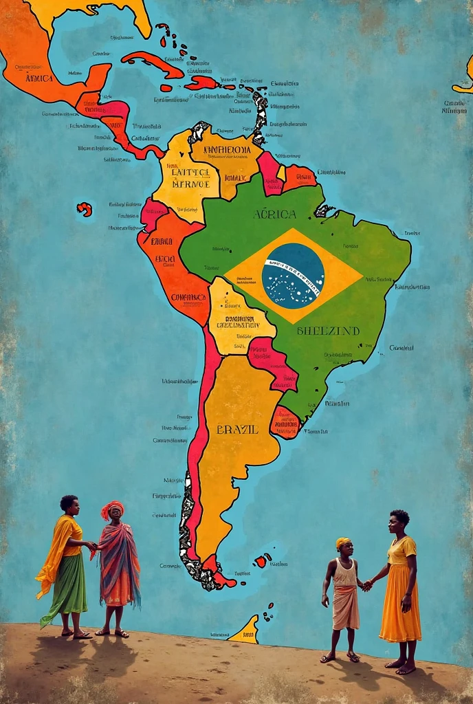 Drawing of the American continent with people from different cultures 