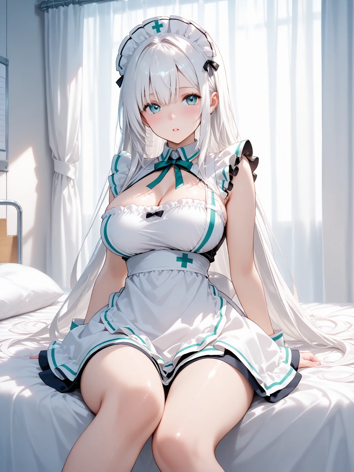 1girl, (solo:1.2), (cowboy shot:1.2), (Beautiful and detailed eyes description), (Beautiful and detailed face), Perfect female body, neat figure, slender waist, (young girl), (20 years old), long hair, platinum blonde hair, very big eyes, blue eyes, medium breasts, blush, shy, watery lips, nurse, (transparent nurse dress), nurse cap, unbuttoned, (white gloves:1.2), (white pantyhose), high heels, necklace, earrings, indoors, school nurse, hospital bed, window, white curtains, sunlight, squatting, (best quality), (ultra detailed), (masterpiece), (highres), (original), (extremely detailed CG unity 8K wallpaper), character design, game cg, detailed manga illustration，(NSFW 1.1)