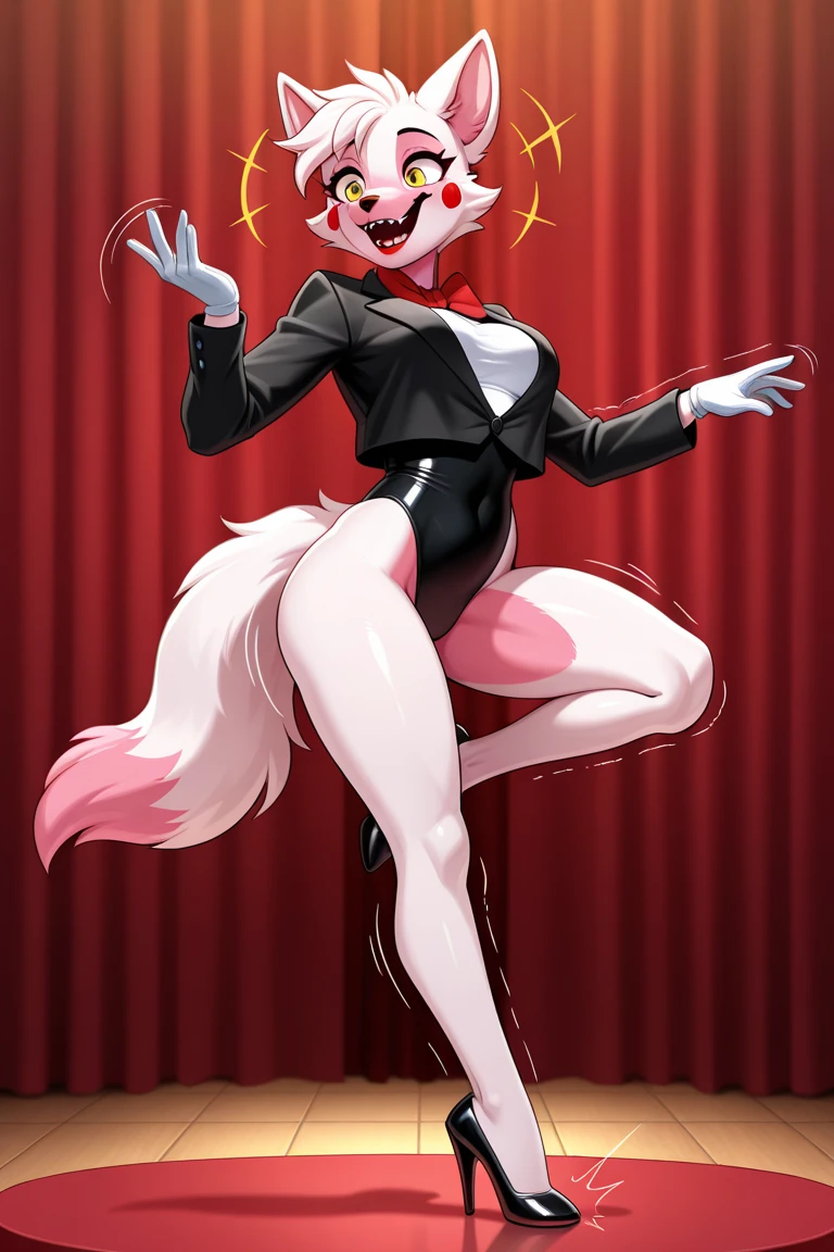 (best quality, masterpiece:1), furry, male, 1boy, anthro, angeldust, 4 arms, white striped suit, thigh boots, gold tooth, huge chest tuft, choker, bowtie, looking at viewer, red gloves, grin, sharp teeth, strip club, pole dancing, hourglass figure, thick thighs, bubble butt, wide hips, undressing, (big bulge), (hot bulge!)