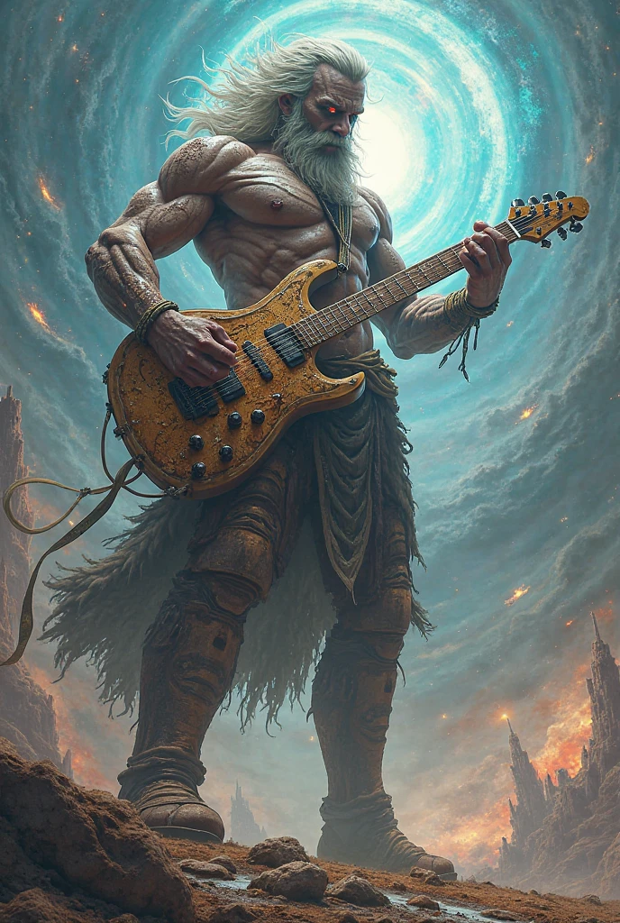 Man with thick beard and long hair wearing black toga with olive wreath holding electric guitar