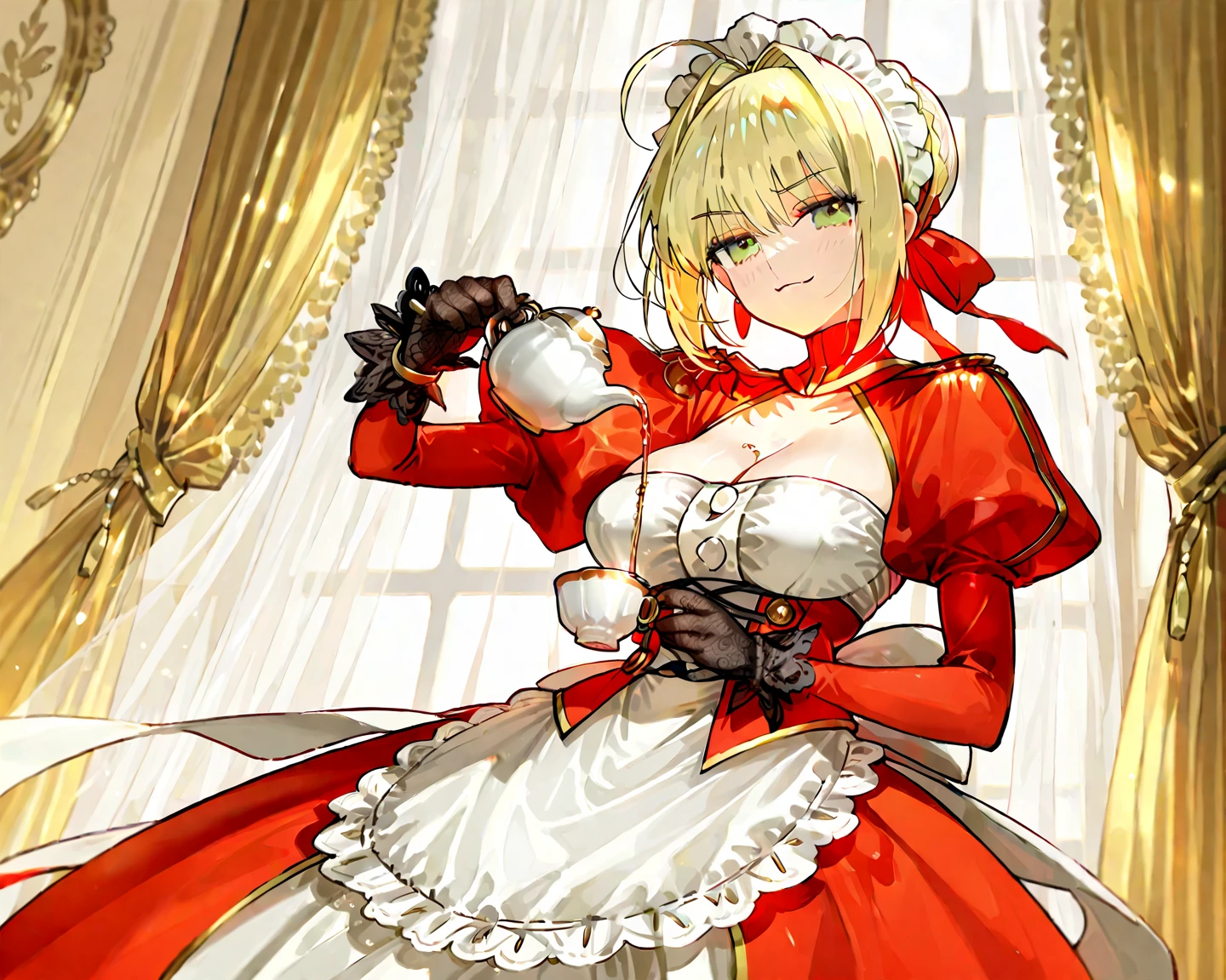 nero claudius (fate), 1 woman, chest, alone, blonde hair, split, green eyes, Ahoge, huge chest, epaulettes, laugh, looking at viewer, blush, give, red dress, hands on hips, dress, hair intake, long sleeves, closed mouth, juliet sleeves, forehead, upper body, breast focus, clavicle, puffy sleeves, french give, Short hair, ribbon, black background, >:), v-shaped eyebrows, hair bun, red ribbon, Natural volumetric lighting and best shadows, deep depth of field, sharp focus, sharp eyeliner, (best quality, Surprising Details:1.4), masterpiece, flower, picturesque, colorful colorful illustration, looking at viewer, pink lips, from above, from above pov, flower잎, red flower잎, rose flower잎