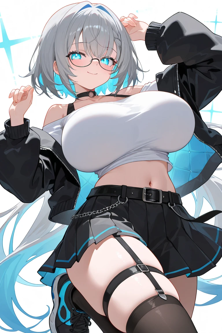a cartoon girl with big bunny ears wearing swimwear giving the peace sign, 1girl, breasts, blue eyes, solo, animal ears, navel, v, large breasts, eyewear on head, ponytail, grey hair, jacket,Miyu