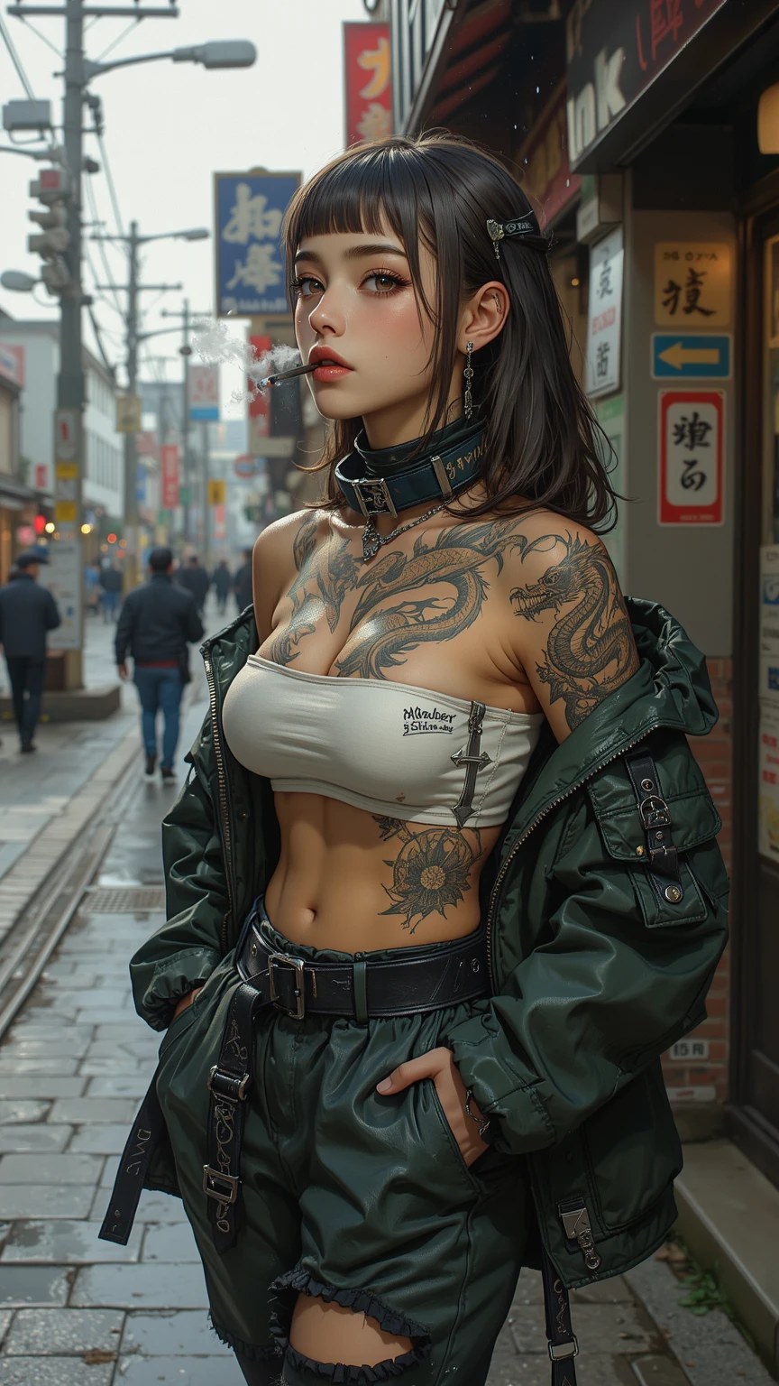 (Best Quality, 4K, 8k, High Definition, Masterpiece:1.2), (Ultra Detailed, Realistic, Photorealistic:1.37),A terrifying female combat android combined with a human female and a hornet, A full-face helmet shaped like a wasp's face, featuring yellow and black color scheme like a hornet, enormous compound eyes, and futuristic technology.Gang boss on the streets of Hong Kong, A group of gang members stood behind,angry look,mixed korean,background is blurry,focal,movie lighting,(((master piece))), ((best quality)), ((intricate and detailed)), ((ultra realistic realism)), ridiculous solution, mature woman, mature woman, See-through, very detailed, enlightenment, 1 girl, (huge tit), thin waist and thick hips,long legs,beautiful and fine eyes, short and fine hair, brunette colored hair, purple eyes, (confused boy set:1.2),Leather Vest,leather pants,leather skirt,naked,KK,race,Has tattoos,arm with tattoo,Full of tattoos,gangs in hong kong,Chen Haonan,triad,Causeway Bay has a handle,gangster women in hong kong,underworld,Full tattoo,Gang boss,sunglasses,And there is blood in the corners of your mouth,gangstar,Confused boy,Bloody violence,Sexy and feminine,(No underwear),panties, Detailed background, perfect eyes, enchanting eyes, (nice hands),detailed hands,looking at the viewer,from the front,Wear the lights,(underworld),Confused boy,Behind him stood a large group of subordinates,