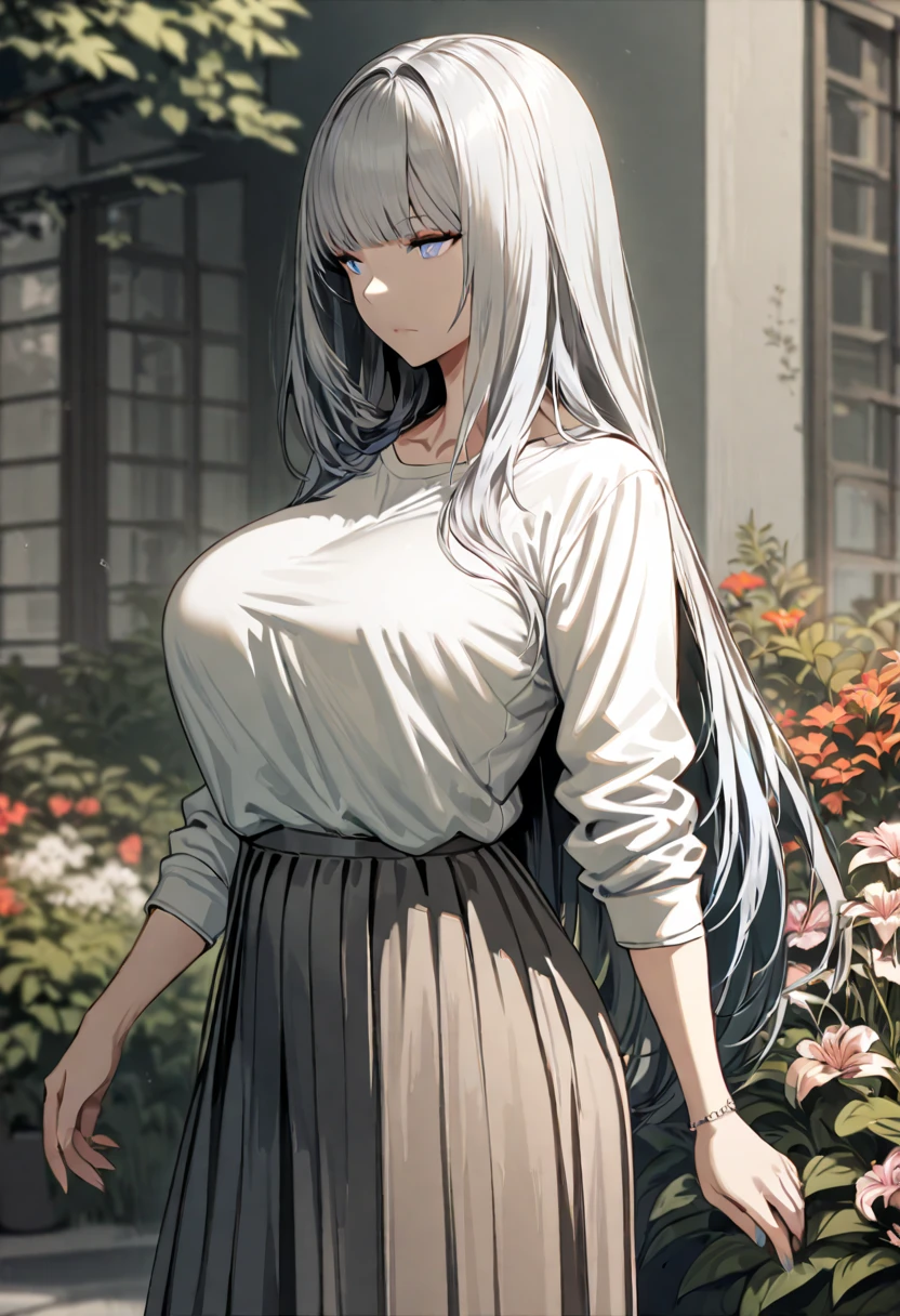 1 girl, beautiful, charming, cute, pale skin, beautiful, double eyelid, grey hair colour, straight wavy hairstyles, soft hair, brown eyes, happy expression, yellow blouse & white flared skirt, perfect body figure, big ??????, slim waist, shiny skins, park, standing while holding a rose poses, High Quality Picture, photoshoot, body focus, poses focus, looking at the viewer, front viewer photoshoot, RAW photo, perfect hands, High Definition Colour, Face zoom, body zoom, zoom photoshoot