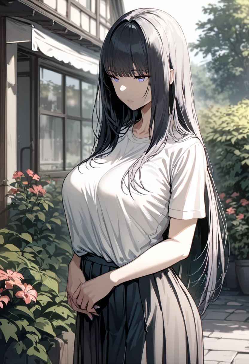 Cute mommy, mature women, realistic skin,perfect ,black hair, long hair, (hair over one eye:1.4), messy hair, hair between eyes, appron,pink mini skirt, chubby,plump,fat,pucker lips,cute shy blush on,garden, under tree,night 
