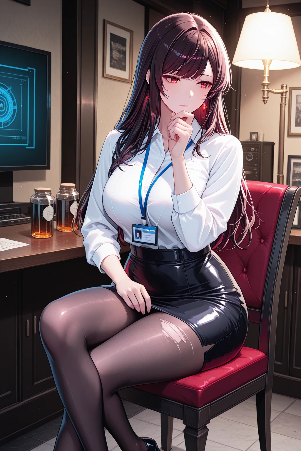 there is a woman sitting in a chair with a laptop, wearing a strict black business suit, sitting on a desk, in strict suit, on a desk, in a strict suit, japanese goddess, thighhighs and skirt, sat at her desk, sitting on a table, sitting at desk, wearing business suit, elegant legs, seductively looking in front, crossed legs, sakura futaba, orange hair, blunt bangs, purple eyes, violet eyes, glasses, white button up shirt, headphones, thicc, green jacket