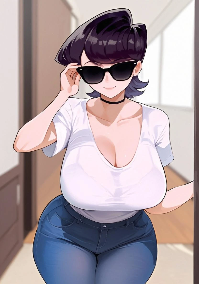 mature woman, mature face, hot face, glossy lips, (black hair, short hair, bowl hair, hime bangs), sunglasses, mature body, big breast, gray tank top, black leather jacket, tight pants, office