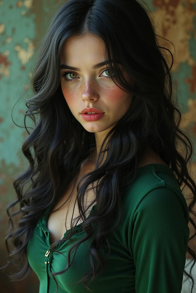 Black curly long hair realistic Caucasian pale skin model blue eyes a jeans and crop top on train in bali