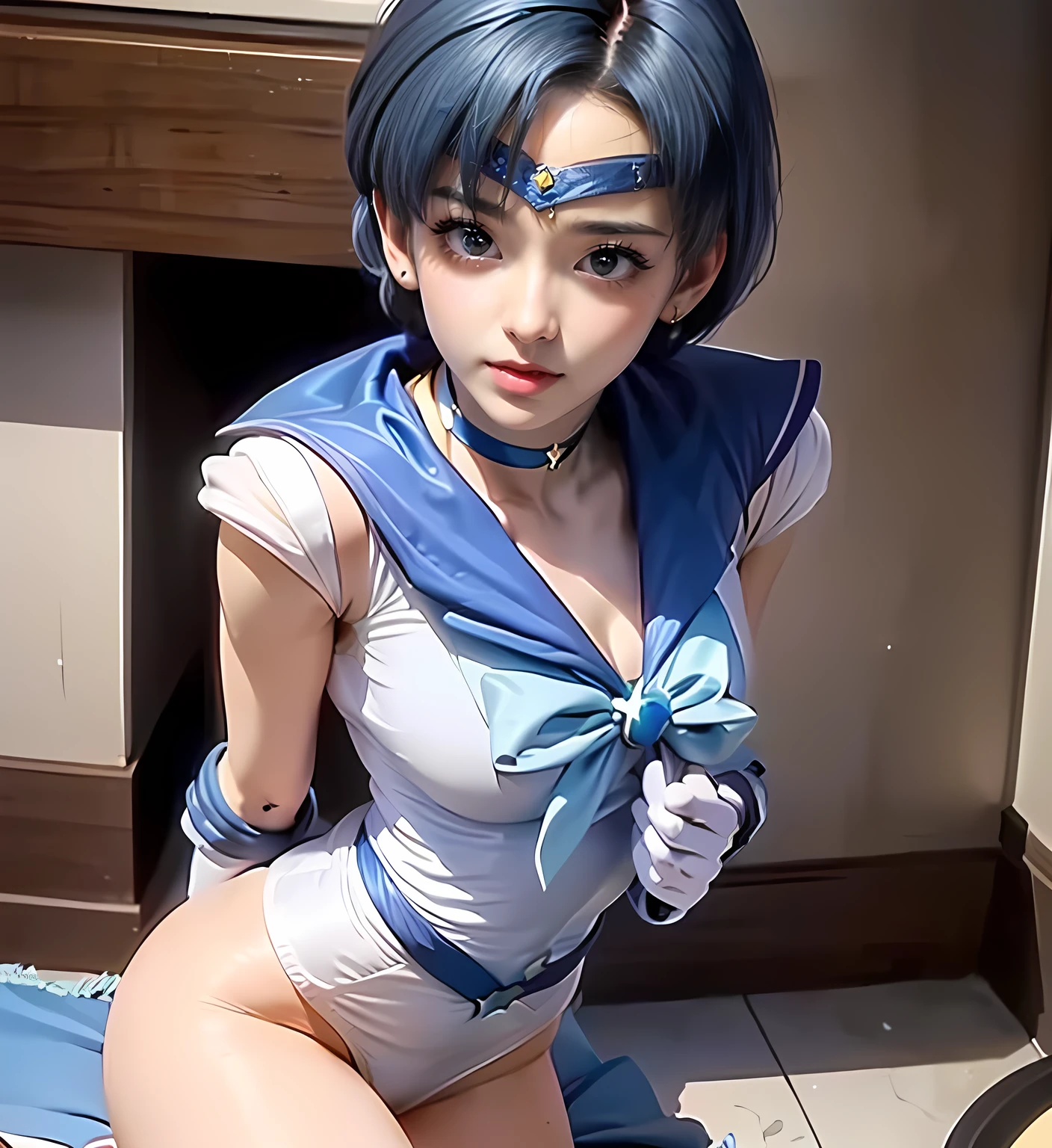 (((wallpaper, 1 20 year old girl, small breasts, gloves, lips, solo, sailor mercury, pin up, blue eyes, uniform, sailor senshi uniform))), (RAW photo, best quality), masterpiece, absurdities, sexy, short floating blue hair, blue sailor collar, bow, (knee-high boots: 1.1), choker, white gloves, blue choker, elbow-length gloves, jewelry, earrings, blue skirt, sole, full body, symmetrical body, blue hair, (perfect hands ), octane depiction, water divinity, finely detailed beautiful eyes, looking at viewer, contrast style, in a dark room, octane line art
