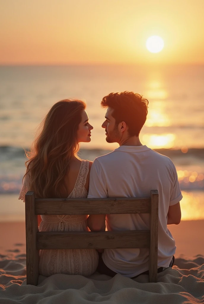 ((Couple sitting Next to each other at the Beach. He hugs her with one arm and her Head is in his shoulder. He kisses her in the Forehead