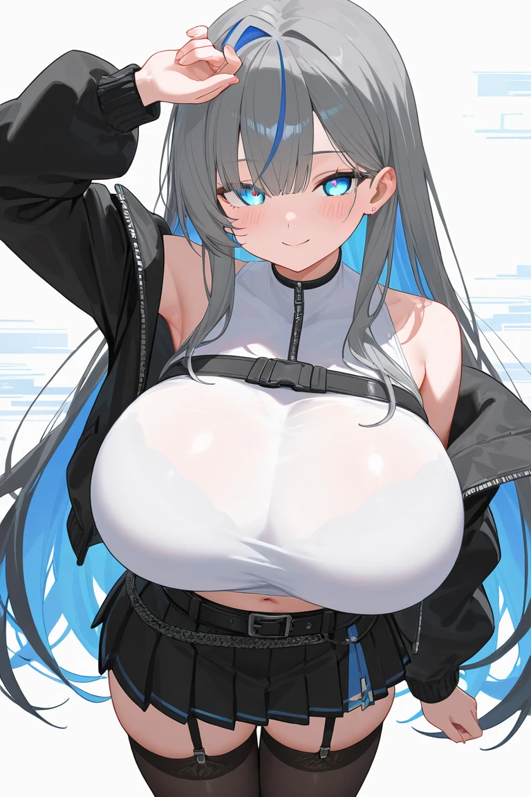 a close-up of a woman holding a sword on a blue background, cyber japan style armor character, cyber japan armor, with huge breasts, very sexy